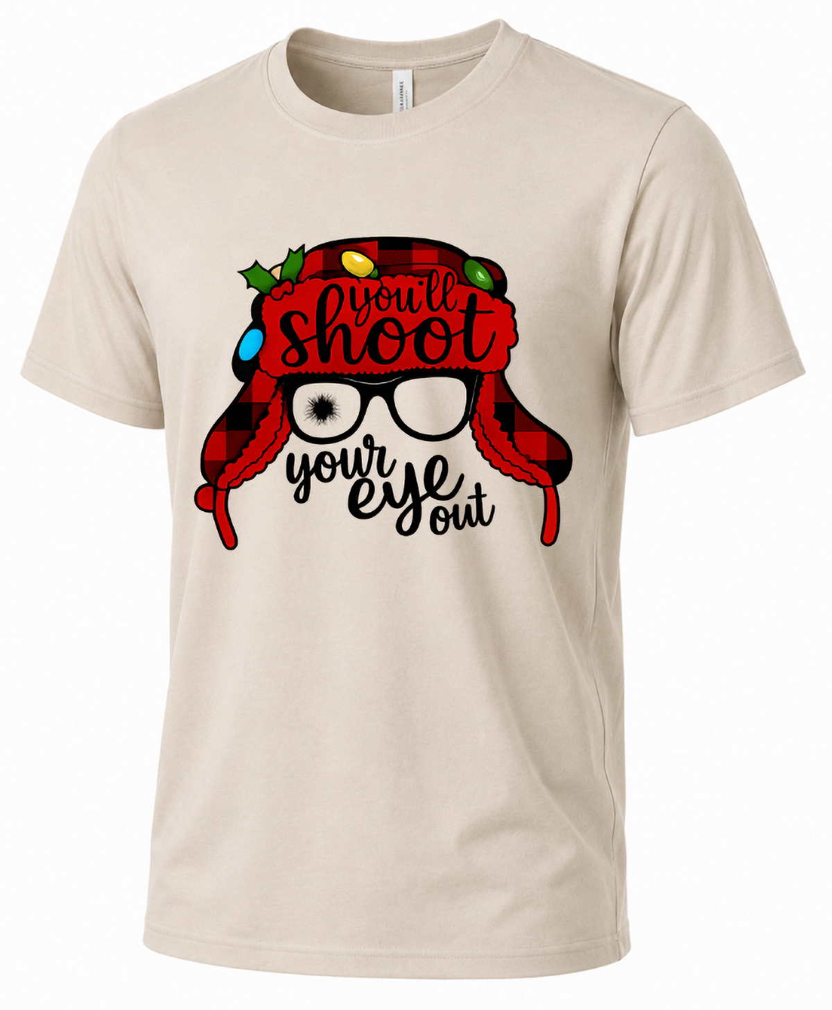 Sand You'll Shoot Your Eye Out Christmas t-shirt featuring buffalo plaid winter hat and funny holiday saying