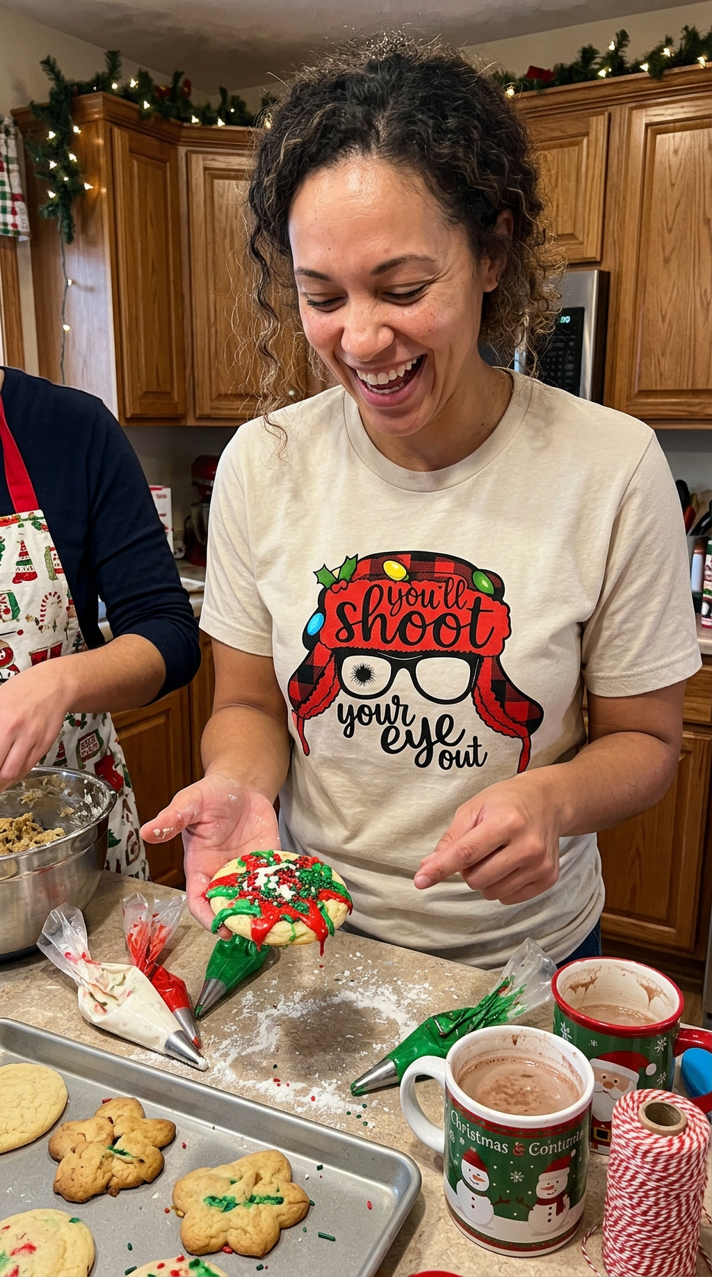 Woman wearing sand-colored funny Christmas graphic tee while decorating holiday cookies at a festive gathering