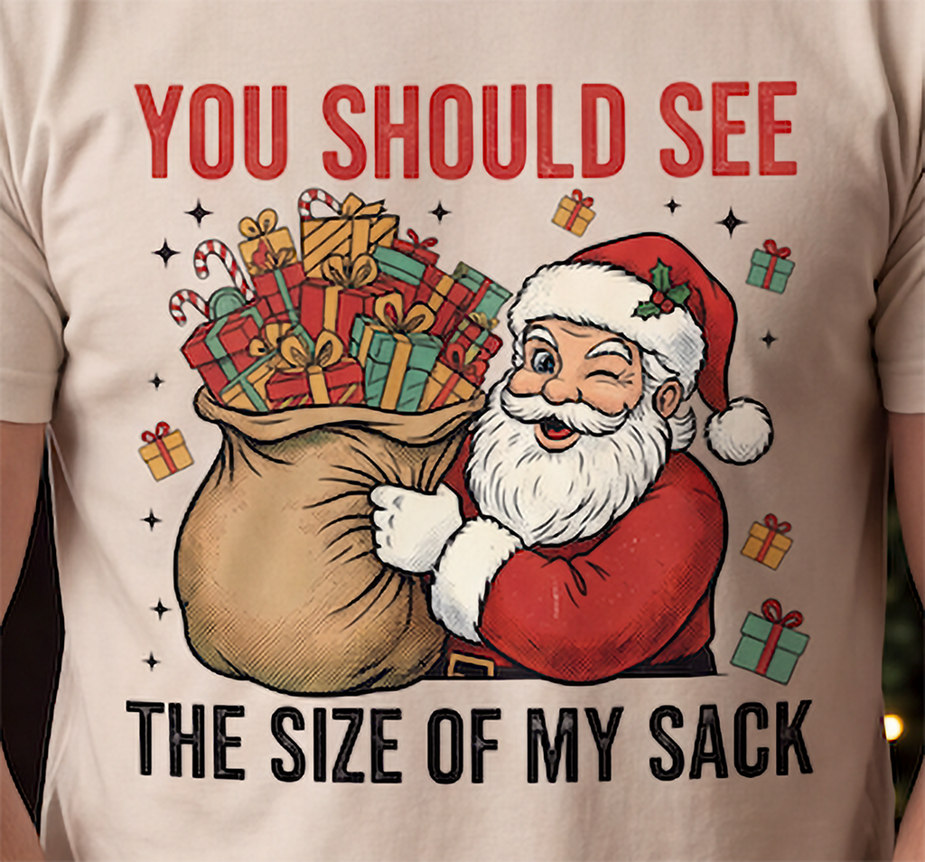 Close-up of funny Santa Size of My Sack Christmas design printed on a sand colored shirt