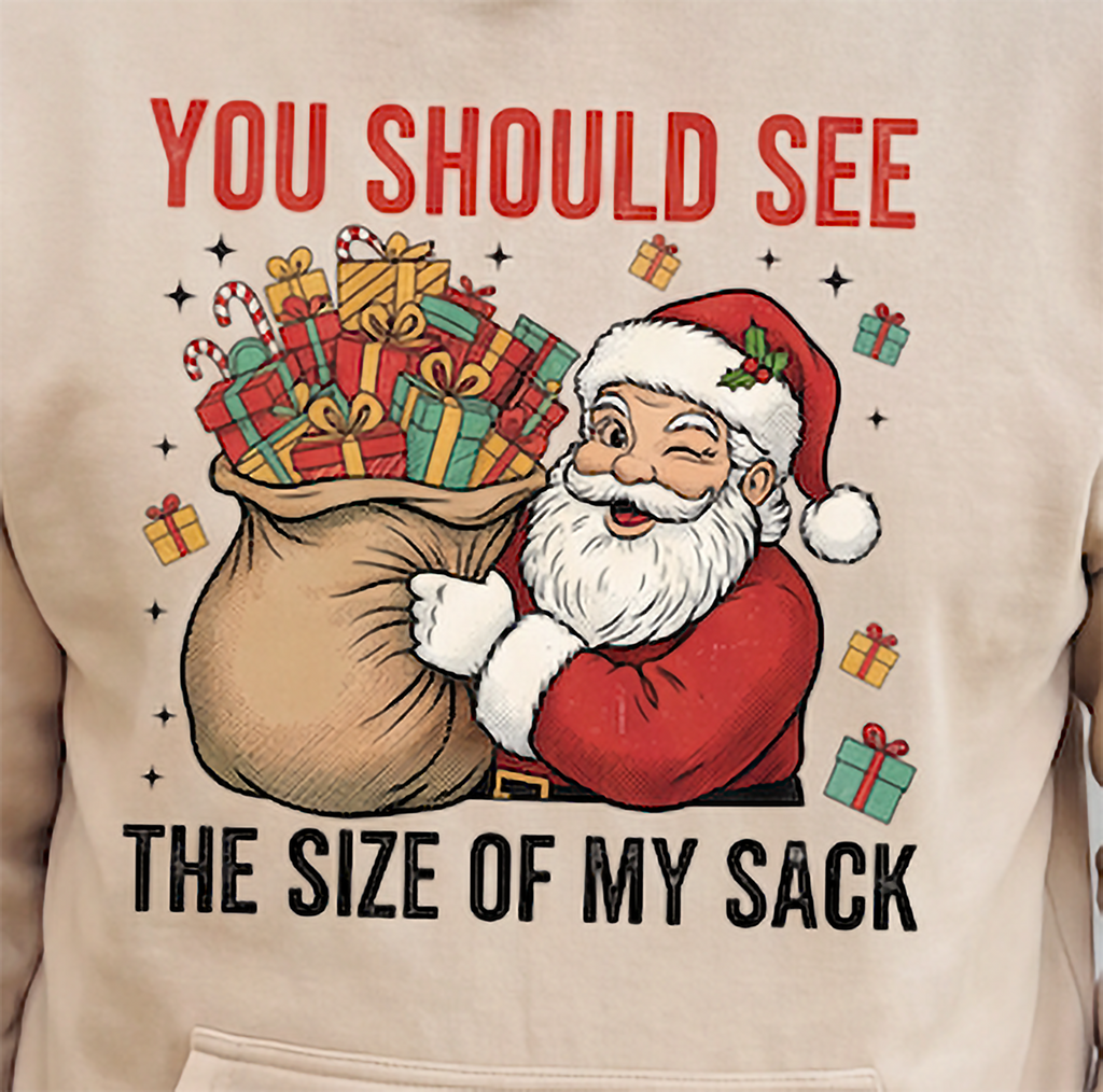 Close-up of sand funny Santa Christmas hoodie with oversized present sack design