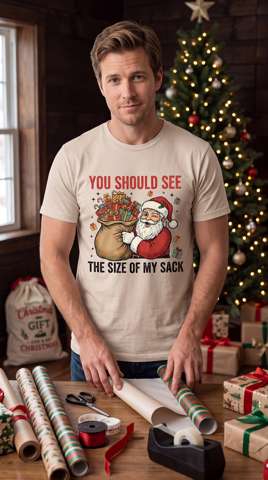 Man wearing sand funny Santa Christmas shirt featuring humorous Size of My Sack design.