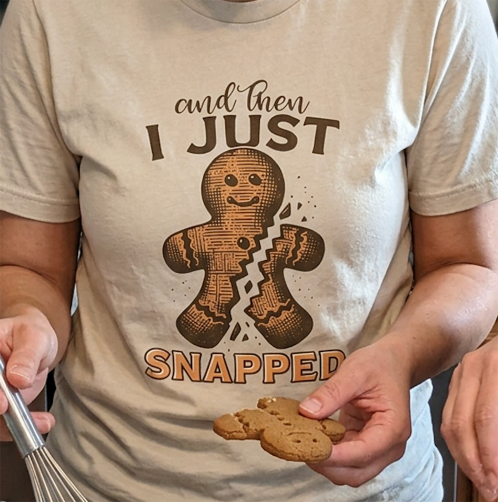 Sand Close-Up: Close-up of the distressed gingerbread man design and And Then I Just Snapped lettering printed on a sand Christmas shirt.