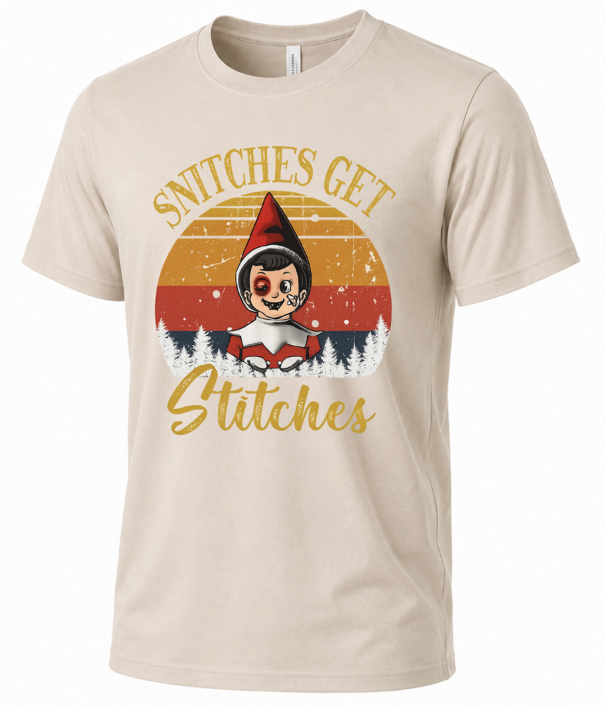 Sand-colored retro Christmas elf t-shirt featuring a vintage sunset graphic and funny holiday saying.