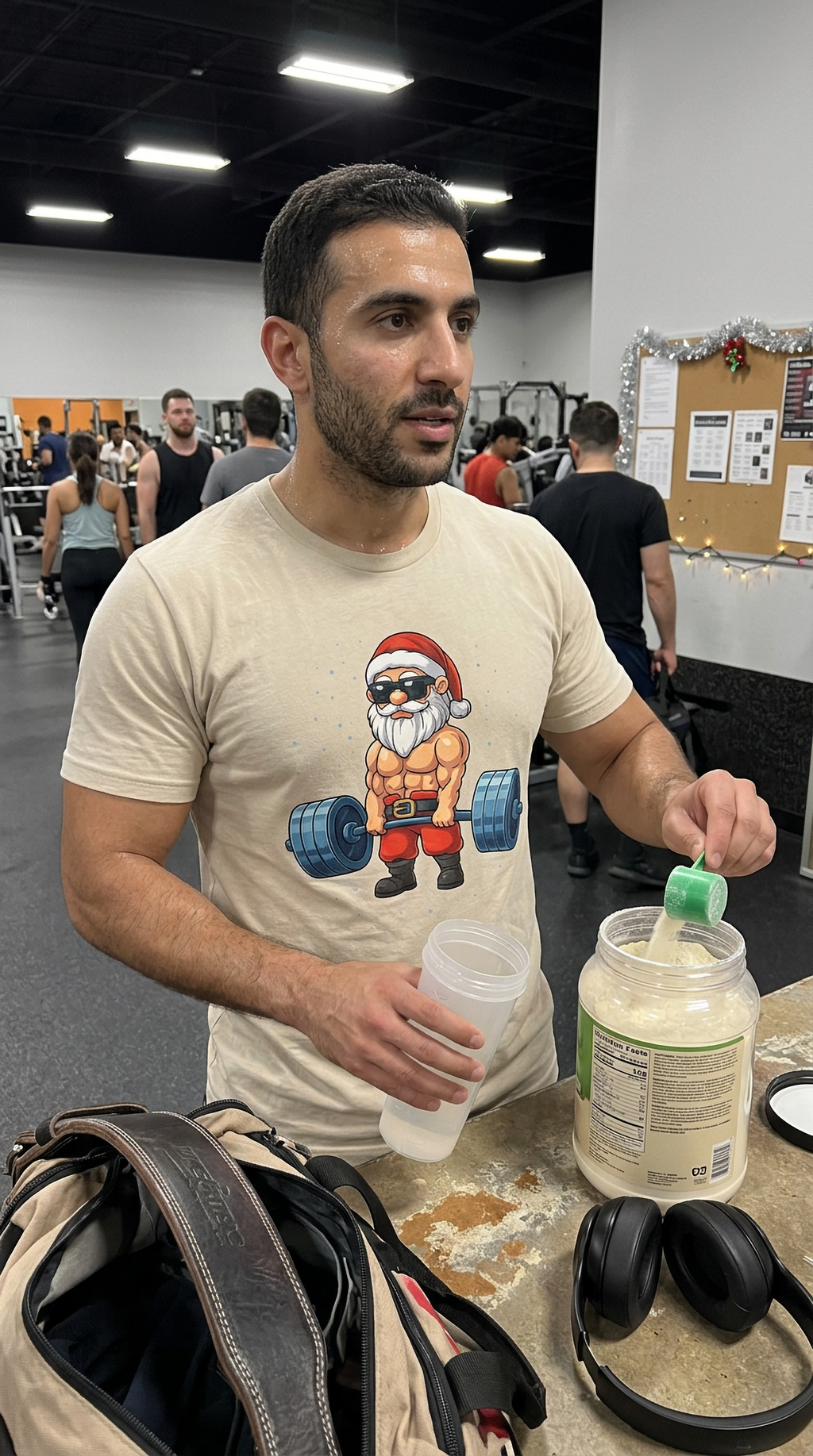 Man wearing a sand-colored Swole Santa Christmas gym shirt featuring a muscular Santa Claus lifting weights.