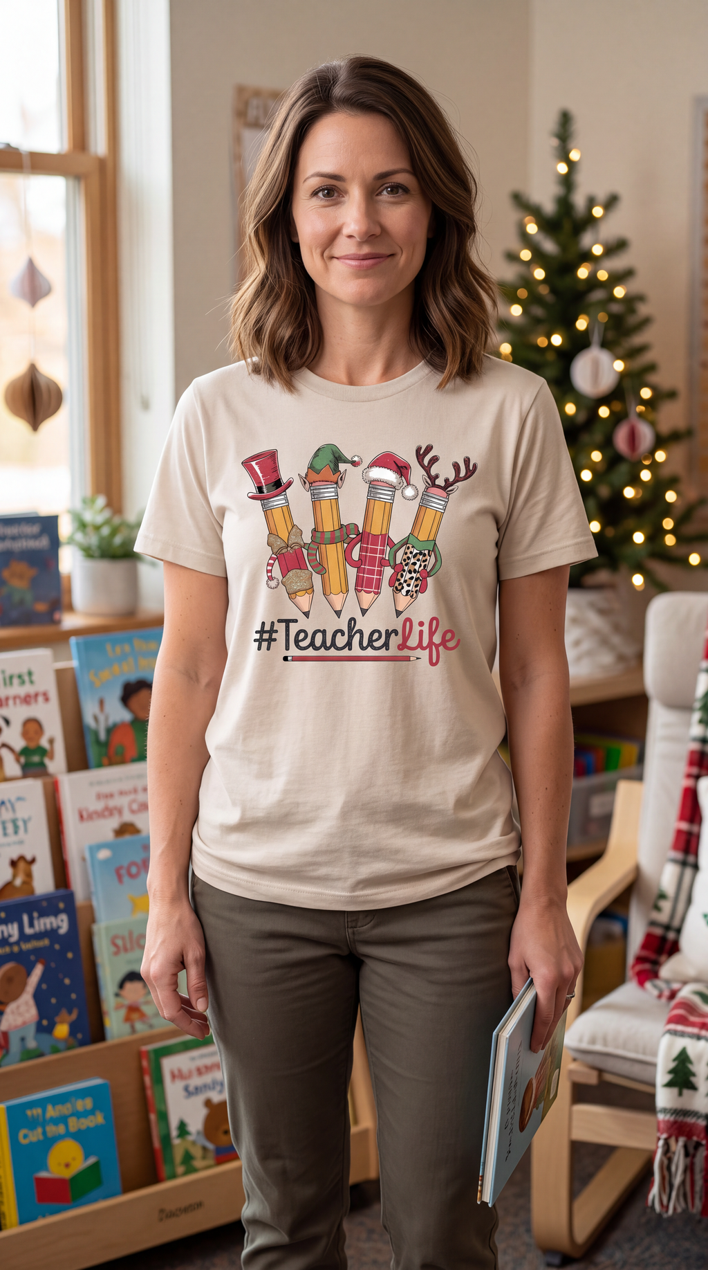 Woman wearing sand Teacher Life Christmas shirt with festive pencil design in a decorated classroom.