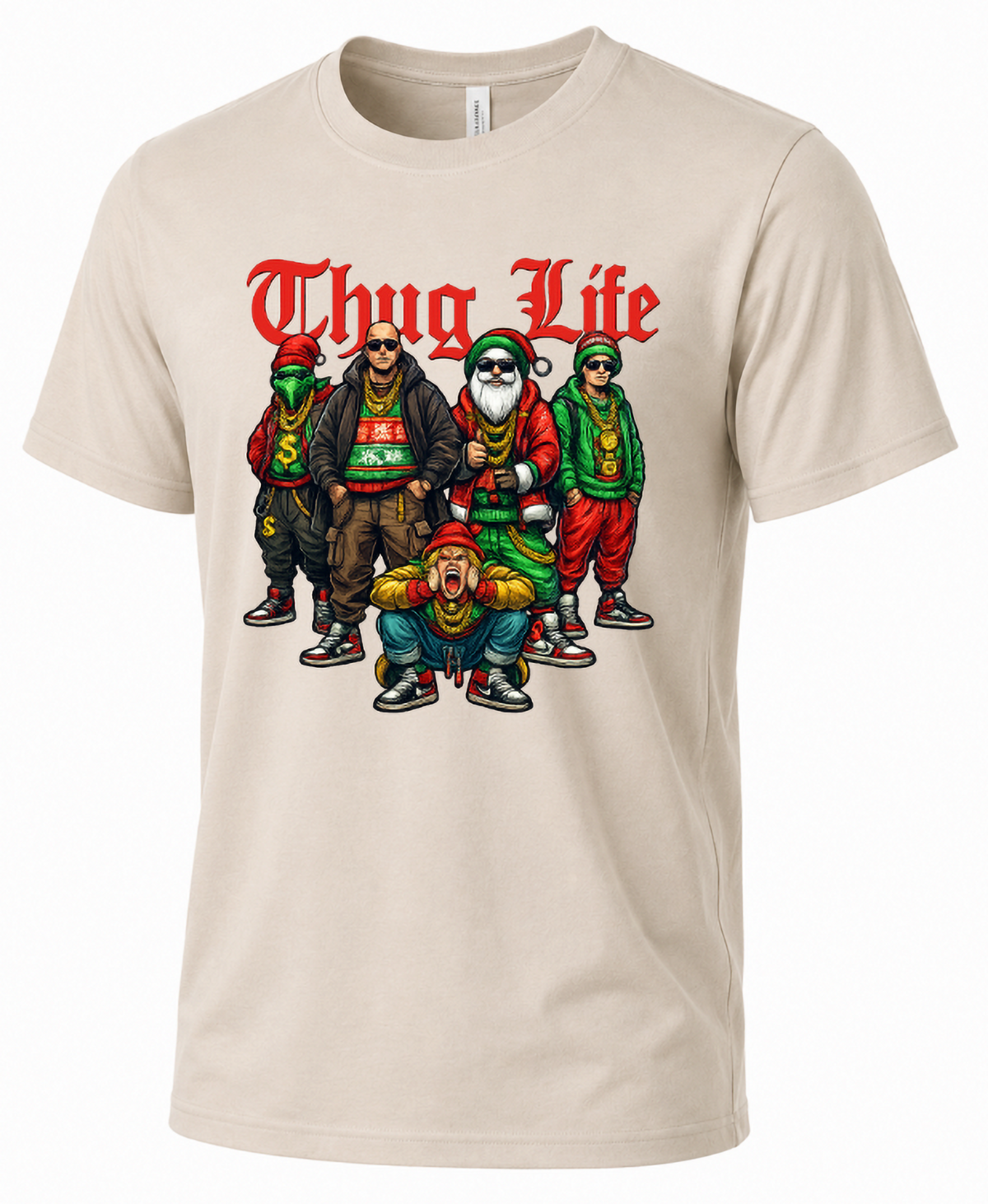 Sand Thug Life Christmas shirt with colorful Santa-inspired characters, sneakers and festive streetwear graphic