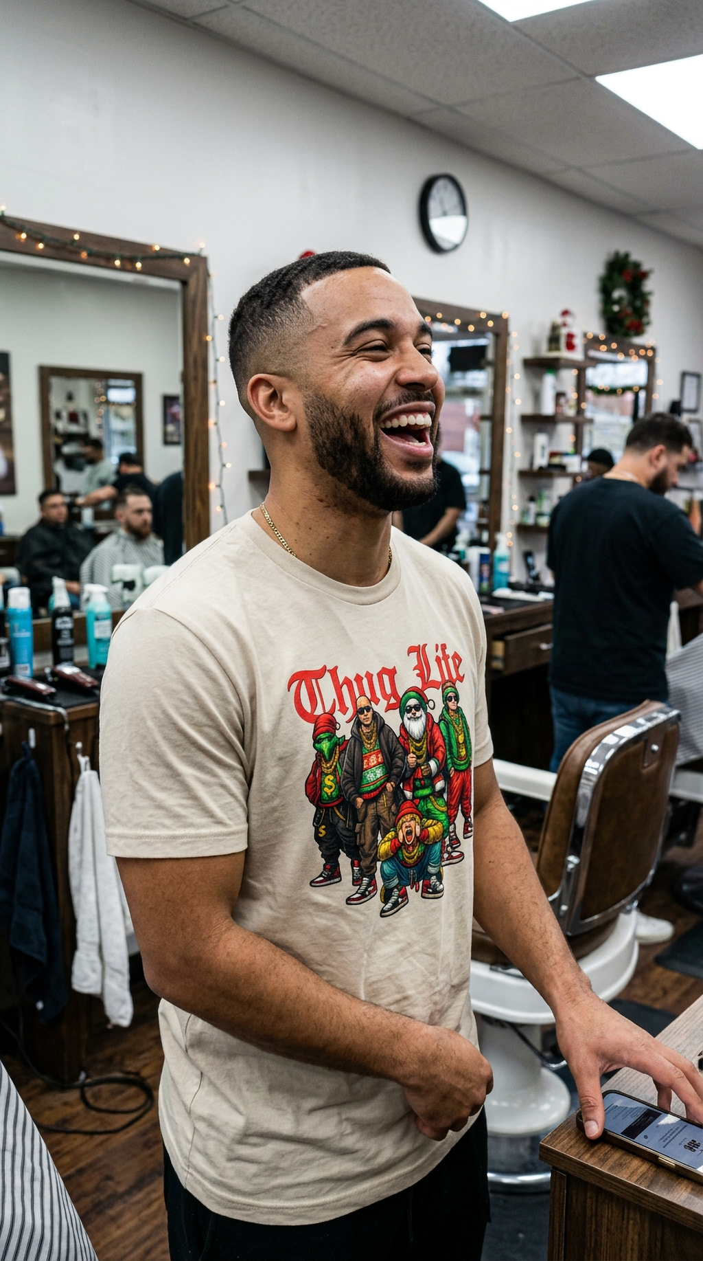 Man wearing sand-colored Thug Life Christmas graphic tee at a casual indoor holiday gathering