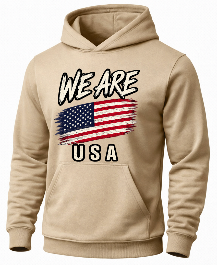 A beige pullover hoodie with a front graphic that reads 'WE ARE USA' above and below a distressed American flag design, shown on a plain white background.
