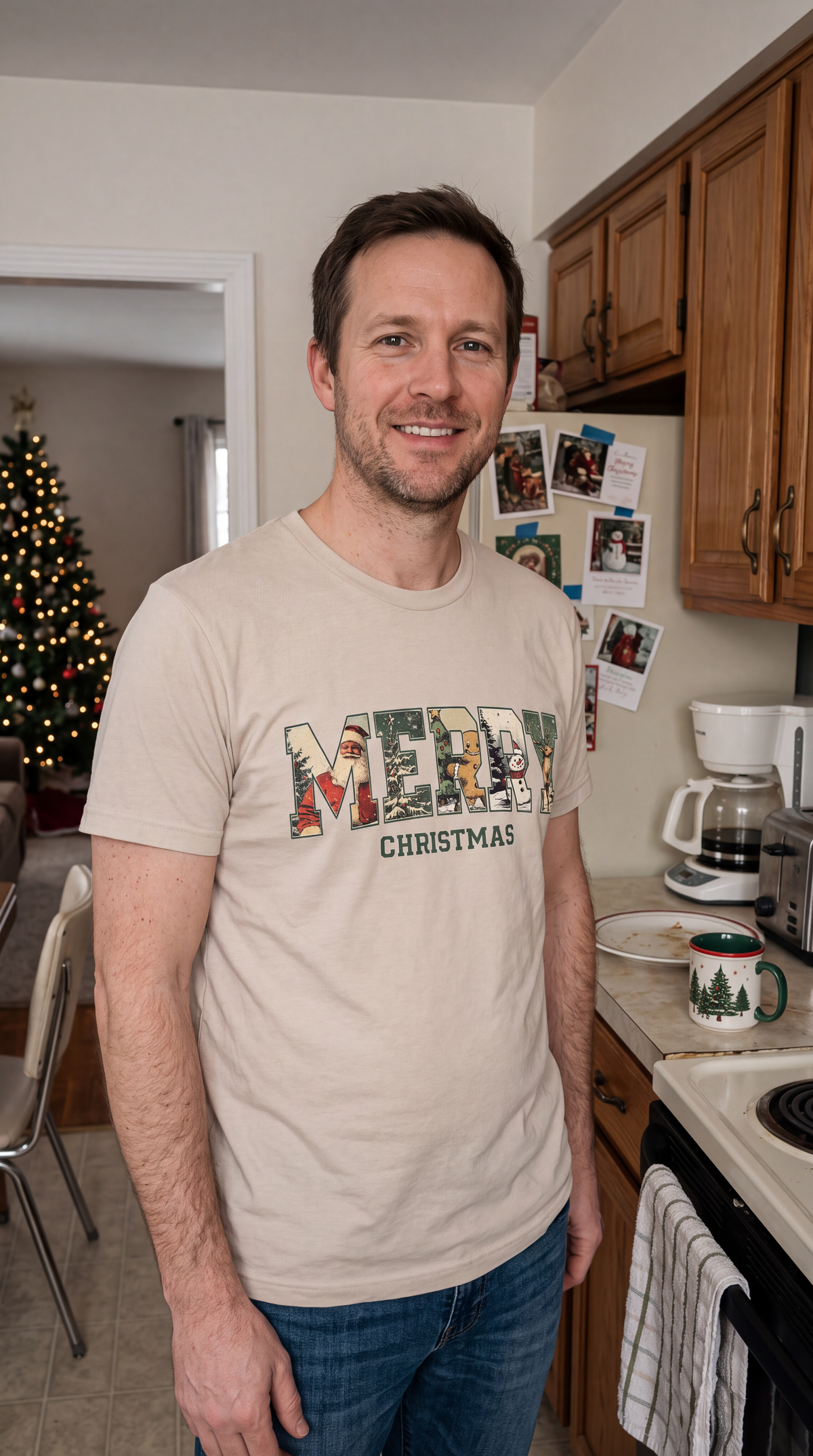 Man wearing a sand Vintage Merry Christmas shirt in a casual indoor holiday setting.