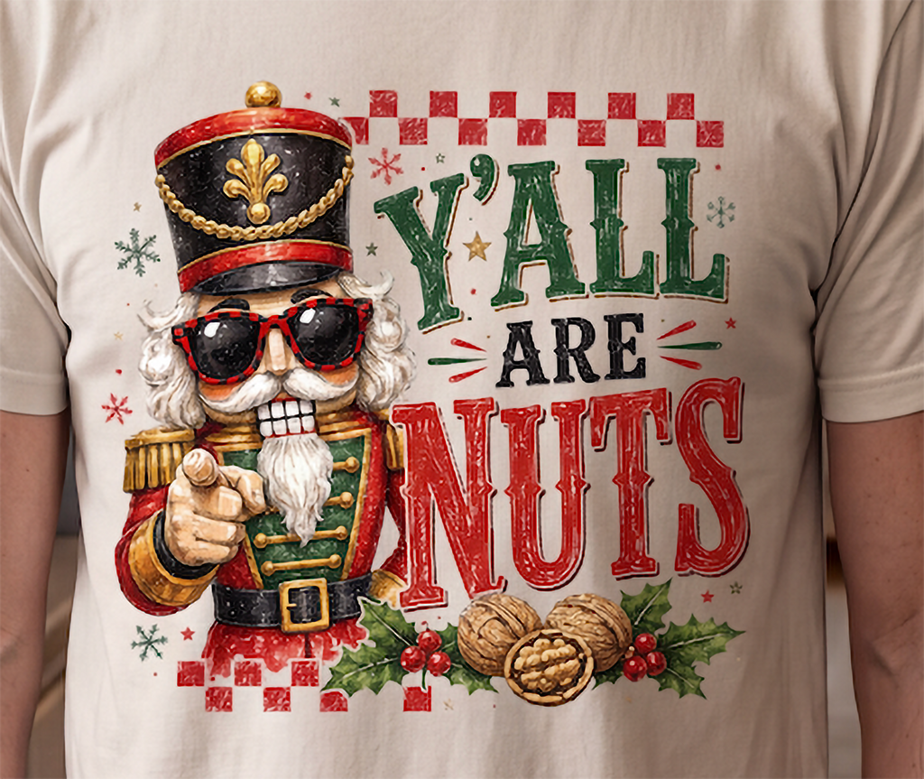 Close-up of sand Y’all Are Nuts Christmas shirt featuring funny nutcracker and walnut design.