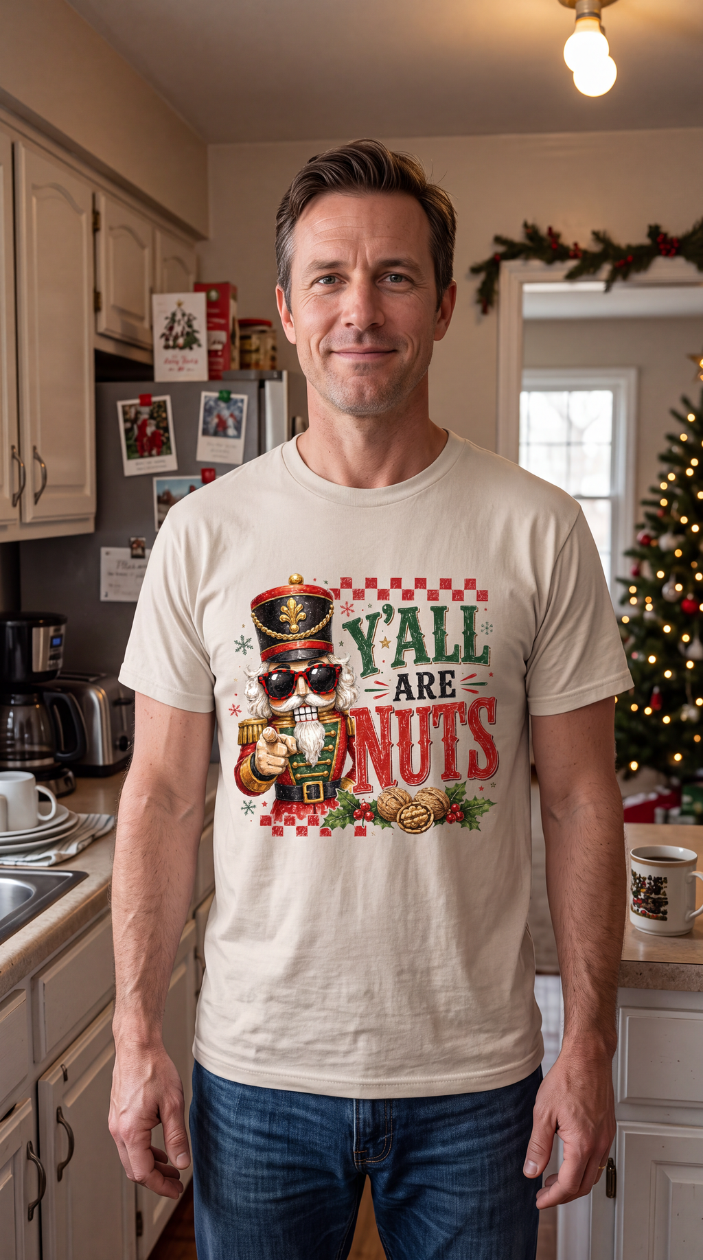 Man wearing sand Y’all Are Nuts nutcracker Christmas graphic shirt in a casual indoor setting