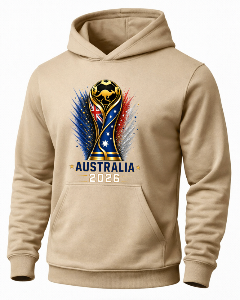 Beige hoodie with Australia 2026 design featuring a trophy and Australian flag.