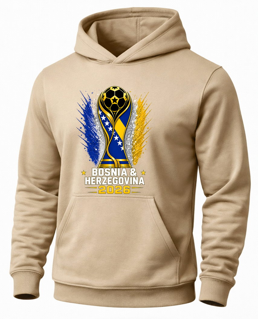 Beige hoodie with Bosnia and Herzegovina 2026 design on a white background