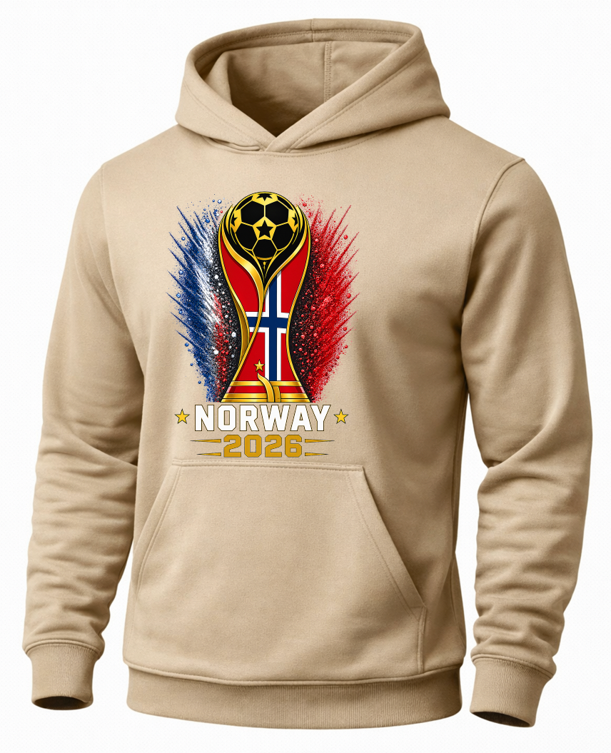 Beige hoodie with a design of a soccer trophy and Norway's flag, labeled 'Norway 2026'.