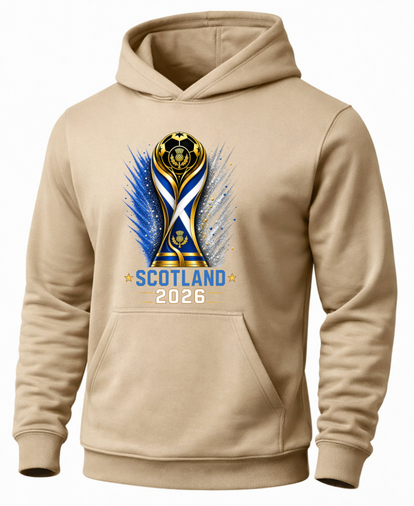 Beige hoodie with a design of a trophy and 'Scotland 2026' text on a white background