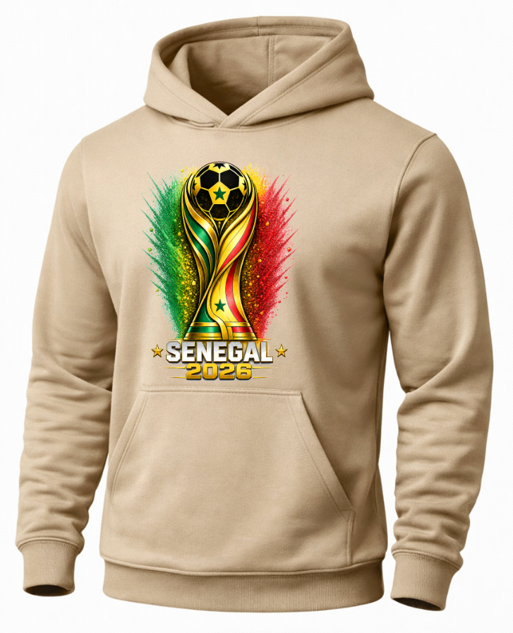 Beige hoodie with a colorful trophy design and 'Senegal 2026' text on a white background