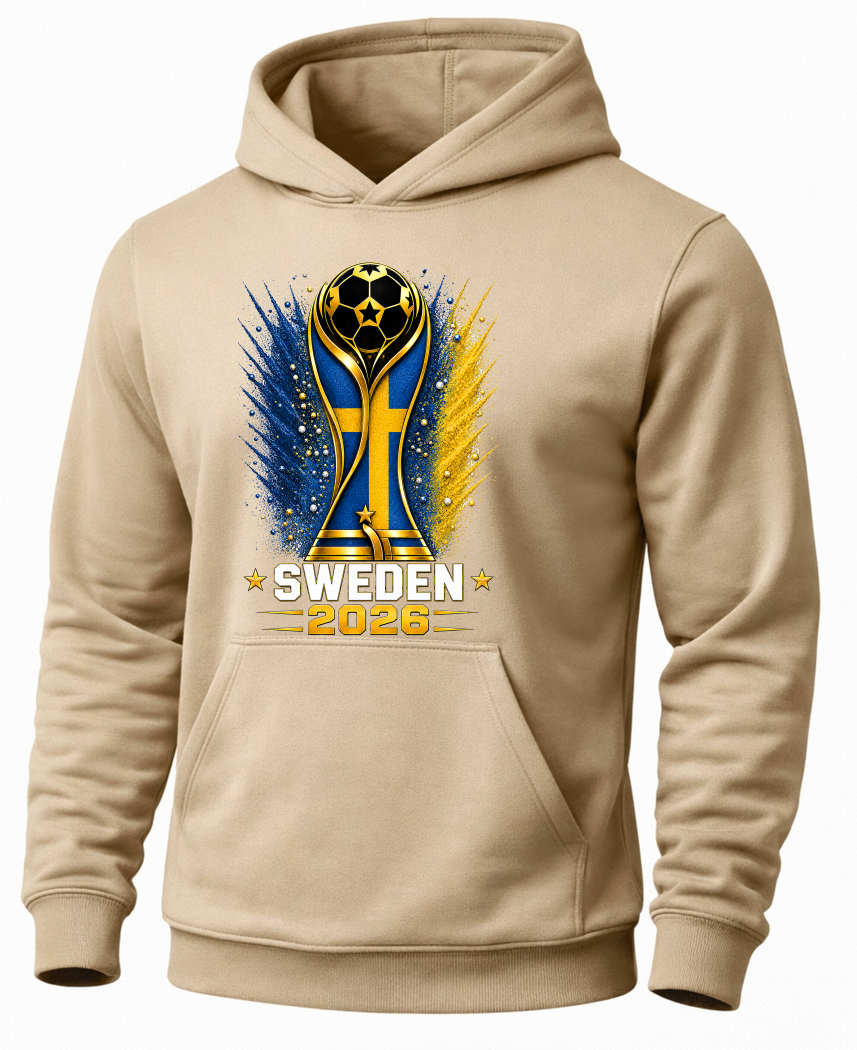 Beige hoodie with Sweden 2026 World Cup design on a white background