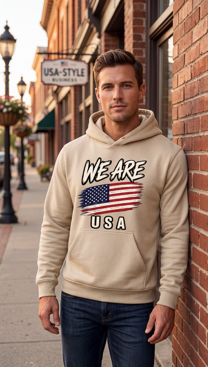 A man wearing a beige hoodie with a patriotic graphic that reads 'WE ARE USA' and an American flag, standing against a brick wall on a city street.