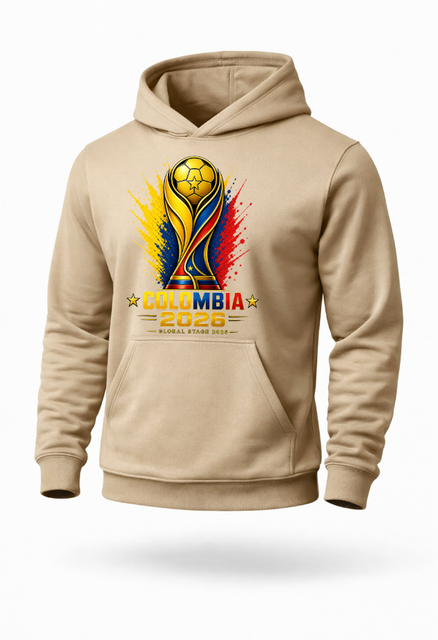 Sand beige Colombia 2026 football fan hoodie mockup featuring colorful soccer-inspired design