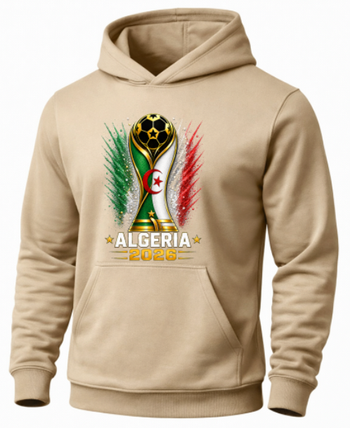 Beige hoodie with Algeria 2026 design featuring a soccer trophy and national flags.