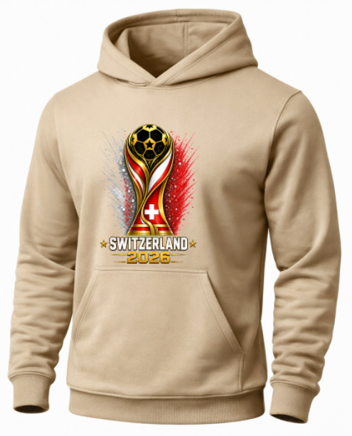 Beige hoodie with a World Cup trophy design featuring Switzerland and the year 2026 on a white background.