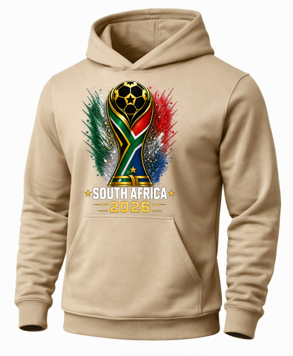 Beige hoodie with South Africa 2026 World Cup design on a white background