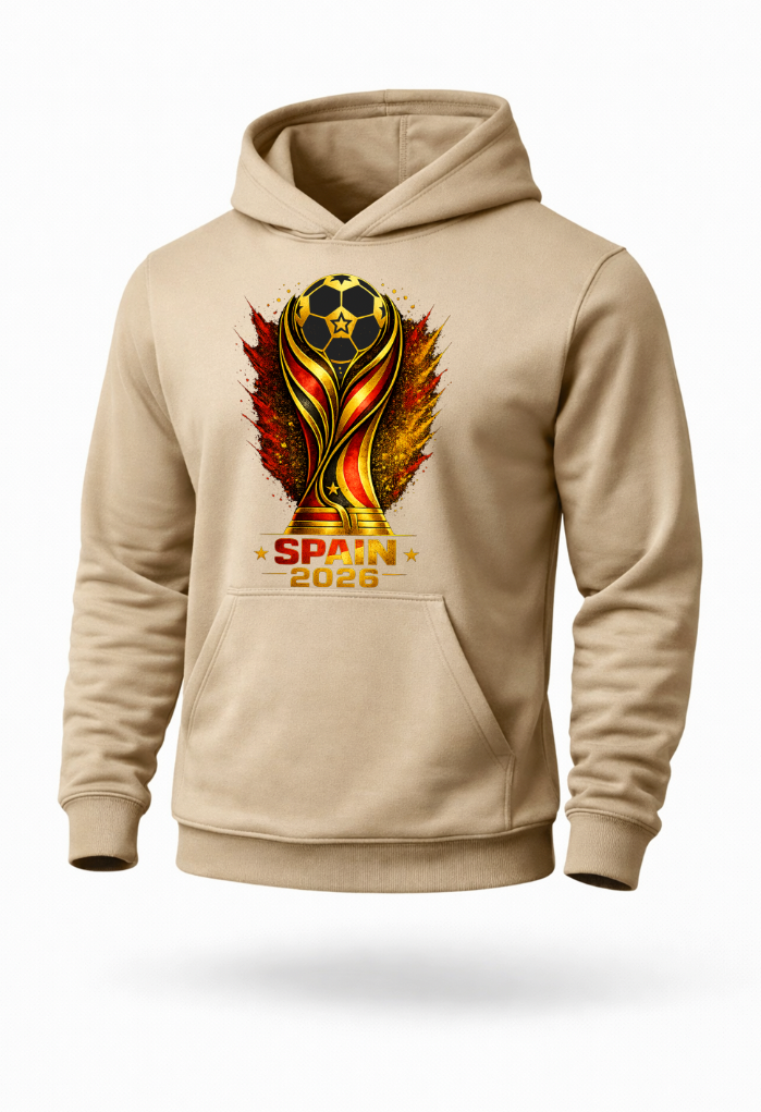 Sand beige Spain 2026 football hoodie mockup featuring premium soccer-inspired streetwear design