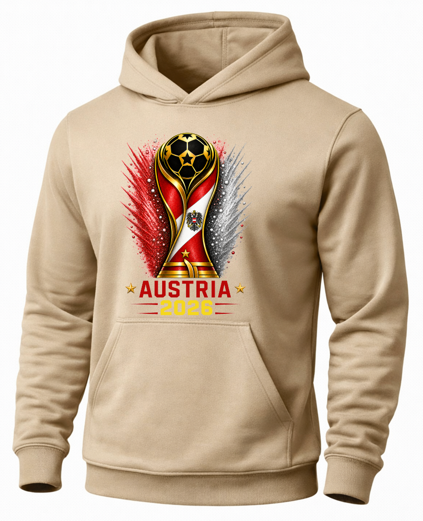 Beige hoodie with Austria 2026 World Cup design on a white background