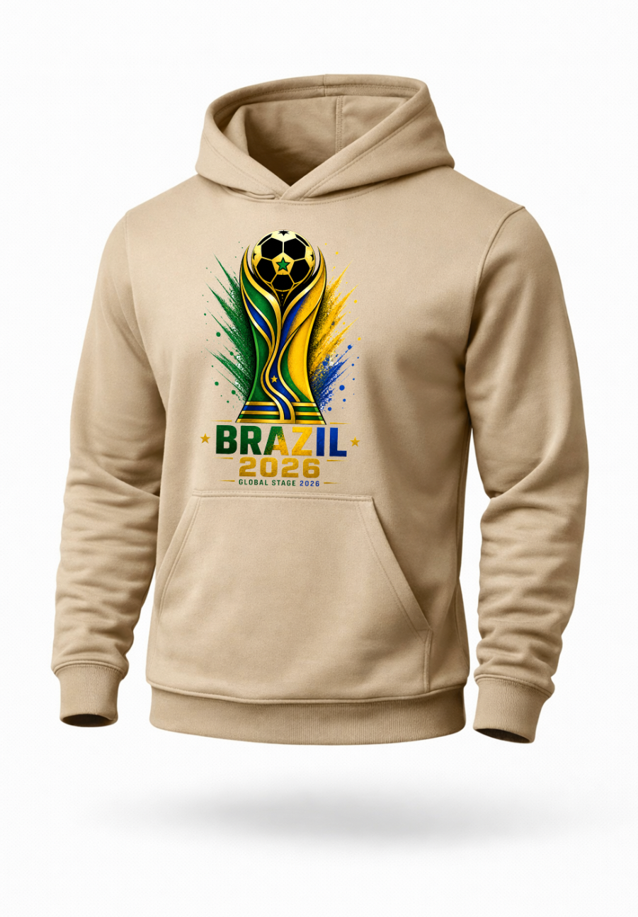 Sand colored Brazil 2026 soccer hoodie featuring green yellow blue and gold football-inspired graphic artwork on premium streetwear pullover hoodie