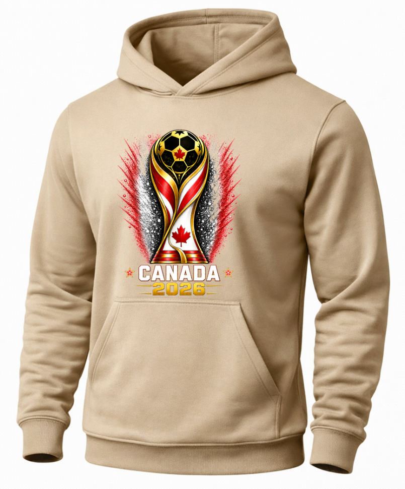 Sand colored Canada soccer sweatshirt featuring Canada 2026 design
