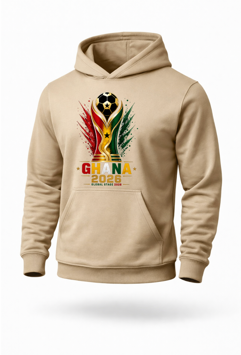 Sand colored Ghana soccer fan hoodie featuring Ghana flag inspired football trophy graphic