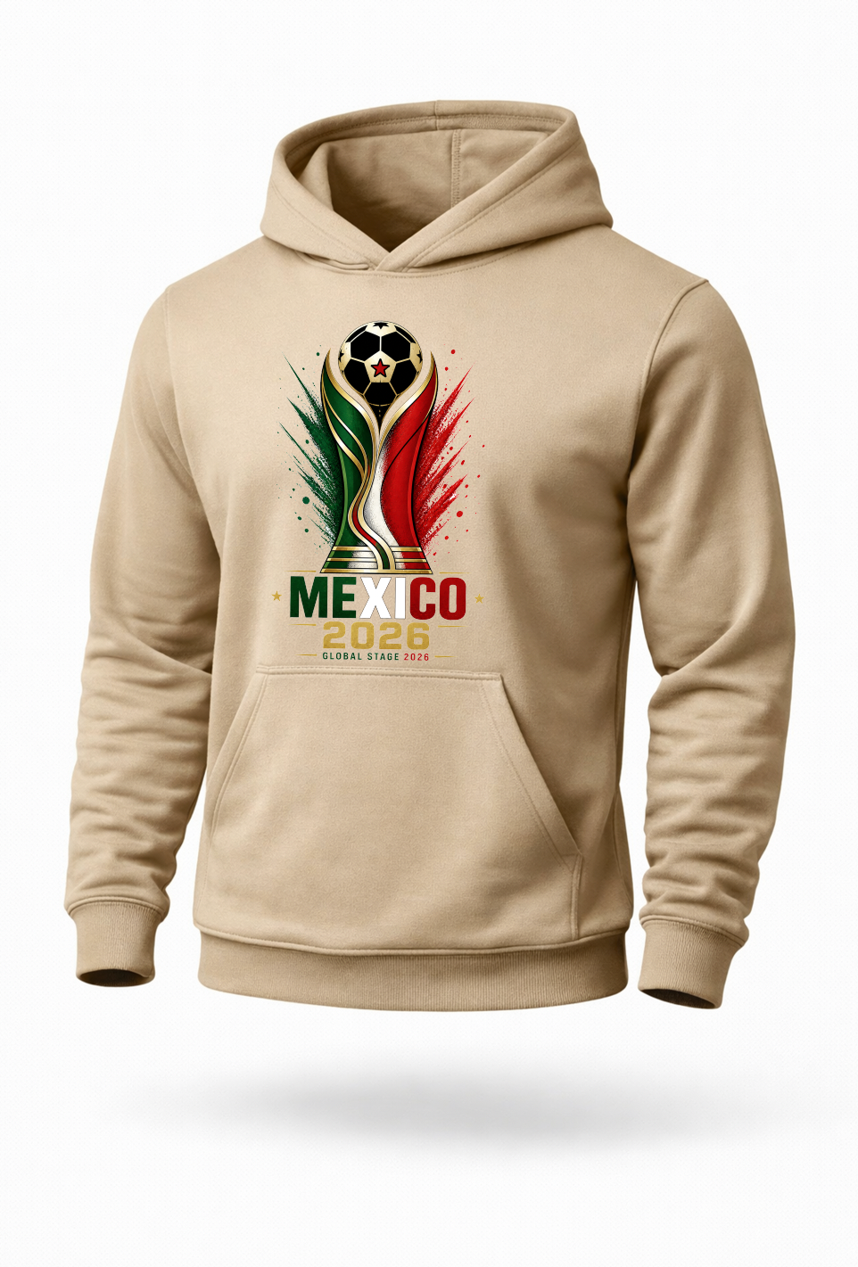 Sand colored Mexico 2026 soccer hoodie with patriotic green white red and gold football-inspired graphic design on premium streetwear pullover hoodie