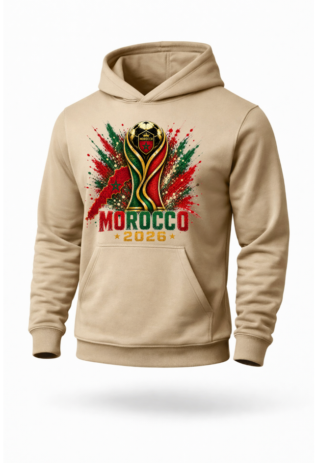 Sand colored Morocco supporter hoodie with Atlas Lions design