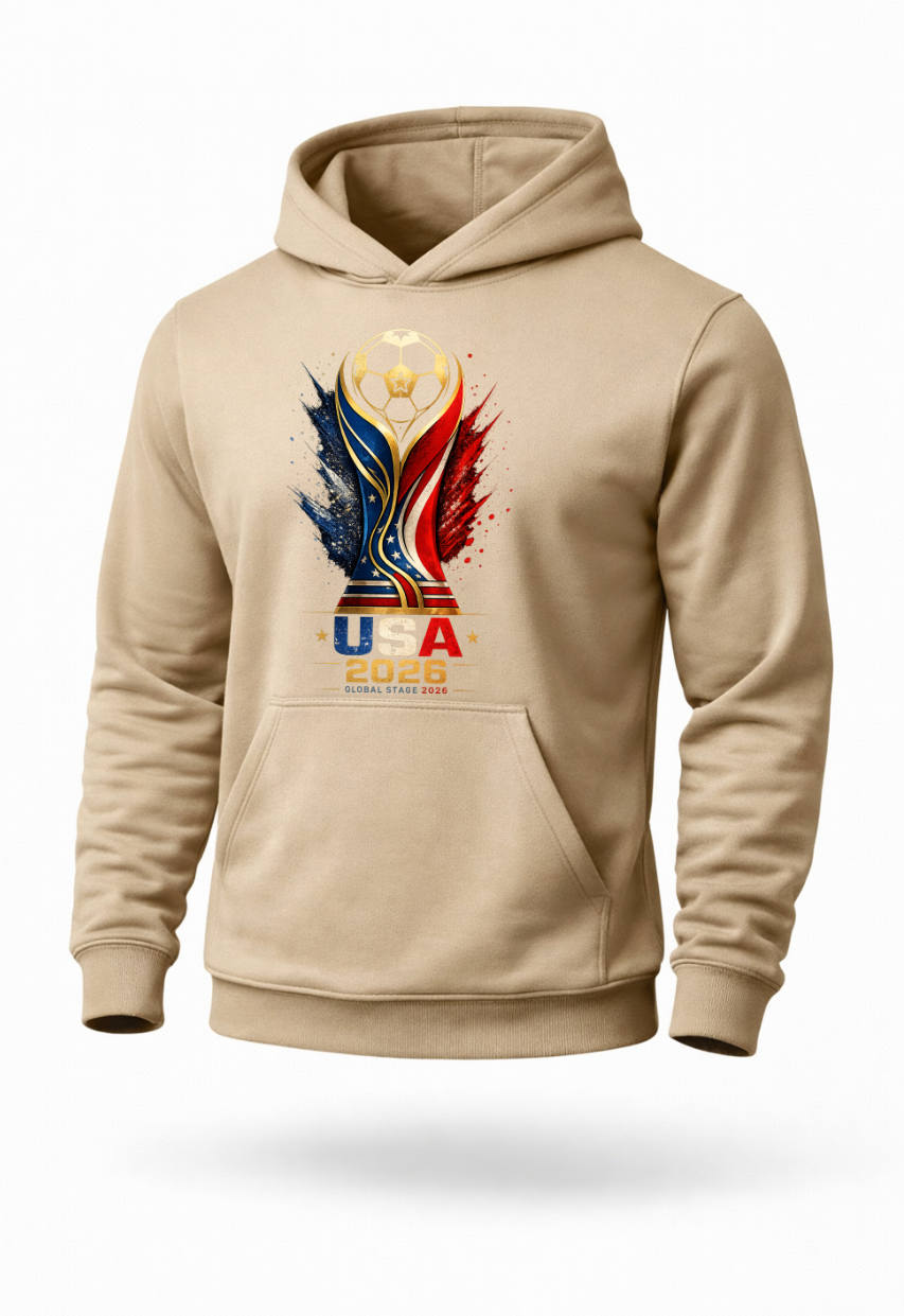 Sand colored USA 2026 soccer hoodie with patriotic red white and blue football-inspired graphic artwork on premium streetwear pullover hoodie