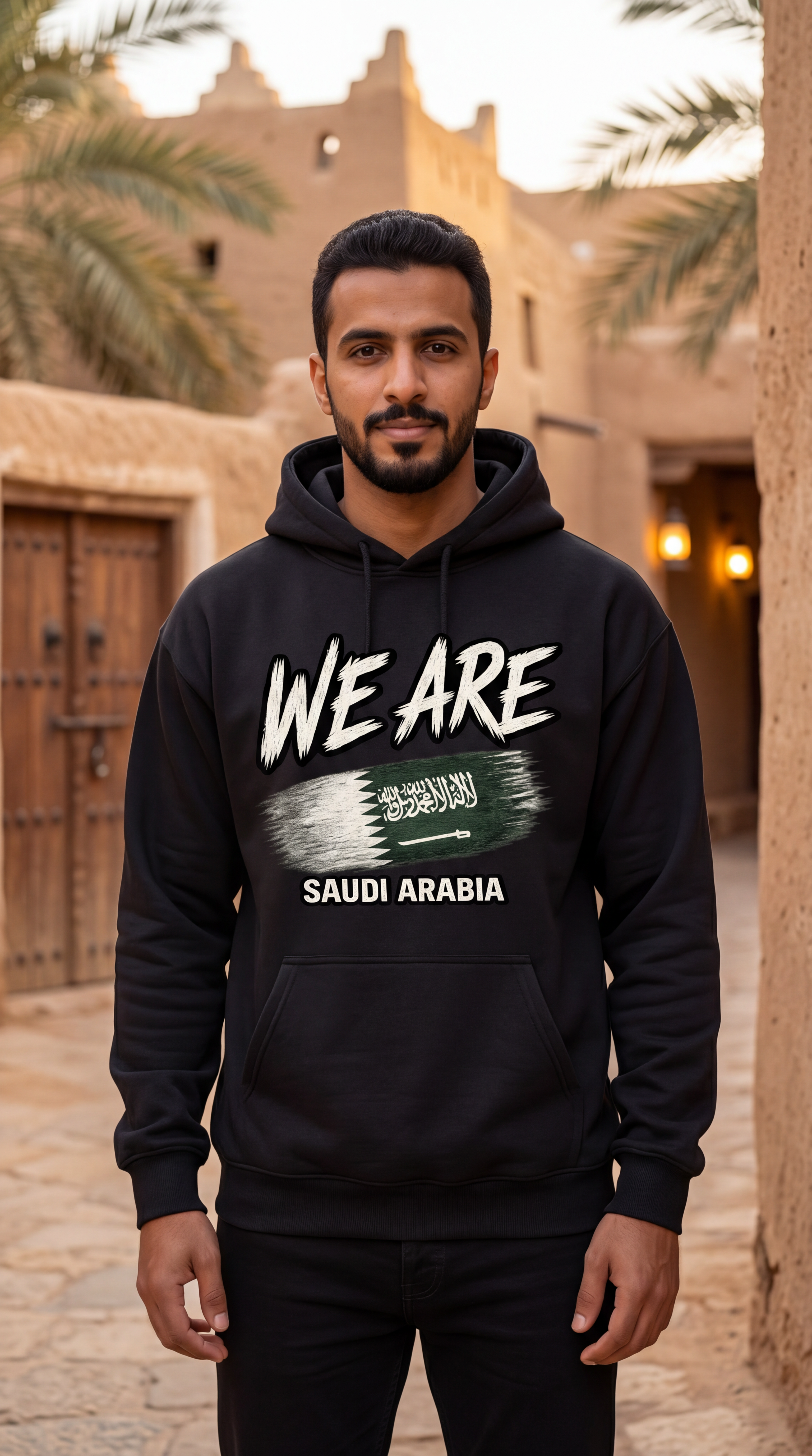 A man wearing a black hoodie with a white and green graphic print that reads 'WE ARE' and 'SAUDI ARABIA' stands in front of a blurred background of traditional Middle Eastern buildings and palm trees.