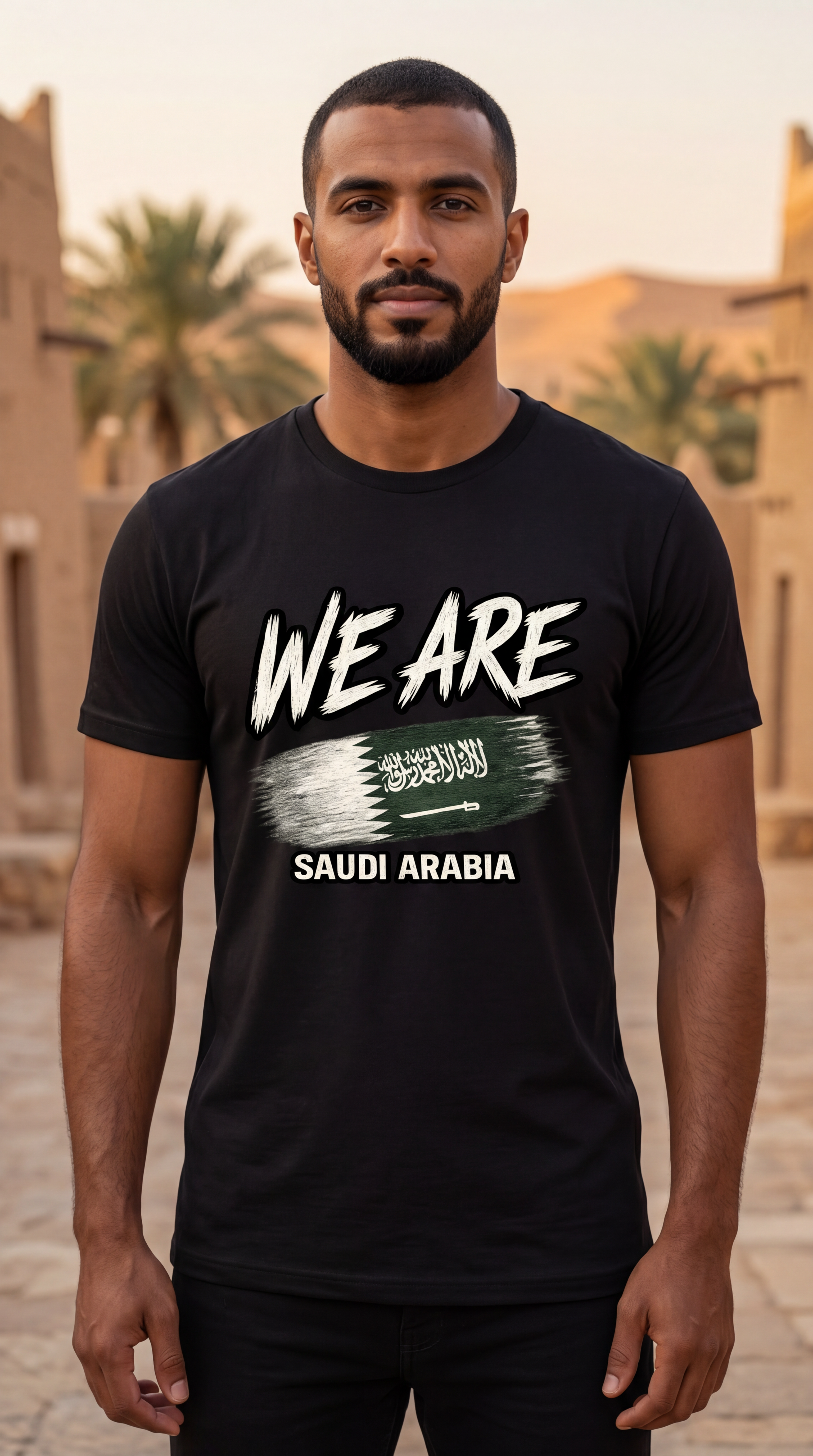 A man wearing a black graphic t-shirt with 'WE ARE SAUDI ARABIA' and the Saudi Arabian flag design printed on the front, set against a blurred background of a desert town.