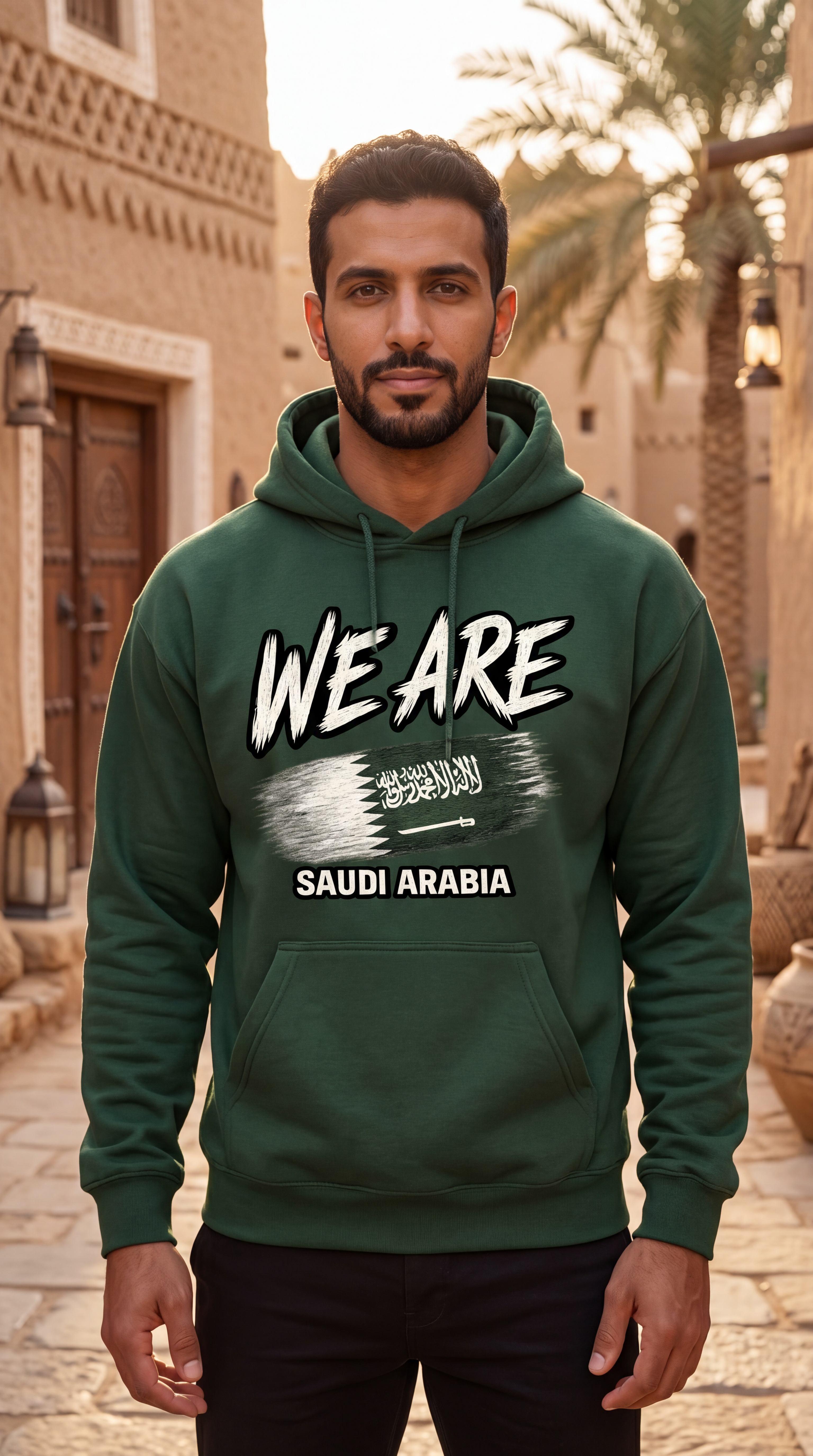 A man wearing a dark green hoodie with a white graphic print that reads 'WE ARE' and 'SAUDI ARABIA' stands in an outdoor street setting with traditional beige buildings and palm trees.