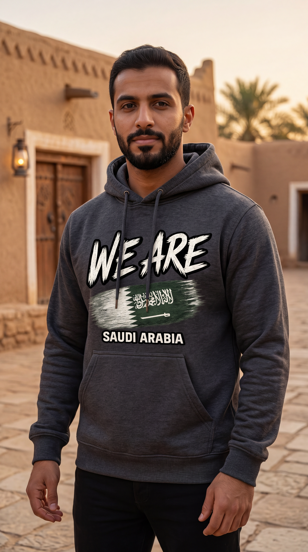 A man wearing a dark gray hoodie with a graphic print that reads 'WE ARE' and 'SAUDI ARABIA' in front of a desert-style building at sunset.