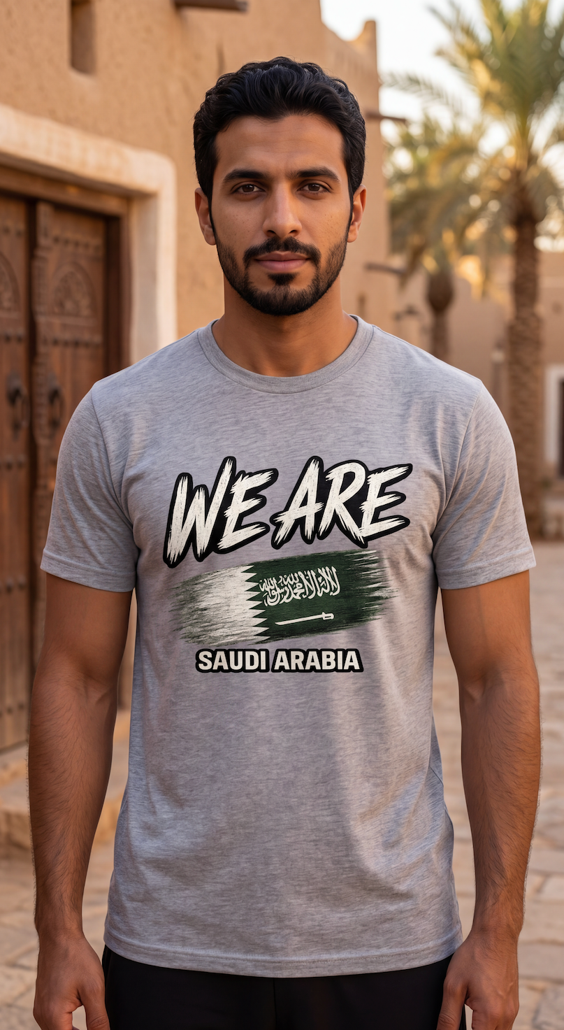A man wearing a heather gray t-shirt with a graphic print that reads 'WE ARE' above a stylized Saudi Arabian flag and 'SAUDI ARABIA' underneath, set against a blurred background of traditional Middle Eastern architecture.