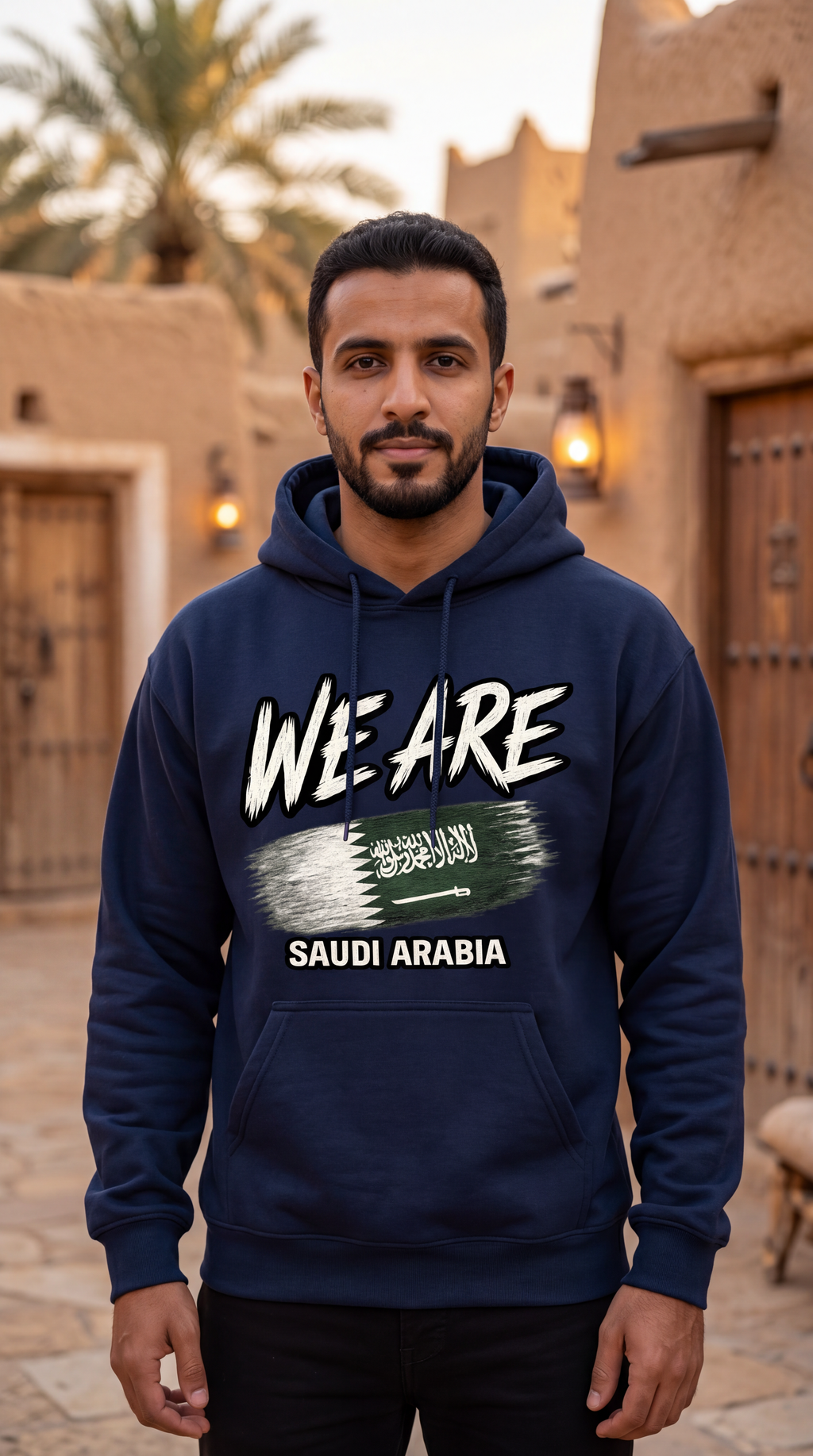 A man wearing a navy blue hoodie with a graphic print that reads 'WE ARE SAUDI ARABIA' and includes the Saudi flag design, standing in front of a desert-style adobe building.
