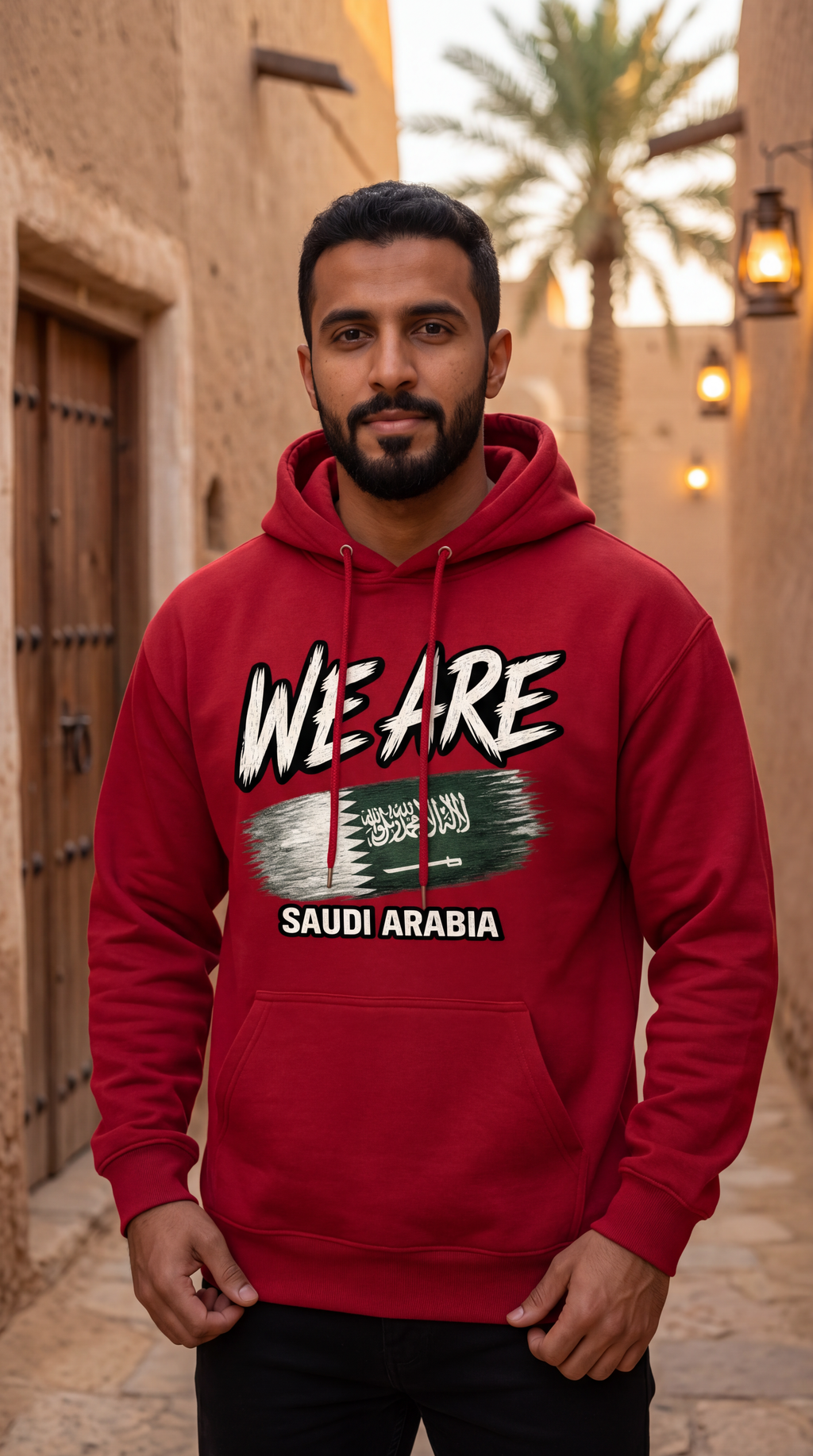 A man wearing a red hoodie with a graphic print that reads 'WE ARE SAUDI ARABIA' stands in an outdoor alley with beige buildings and palm trees in the background.