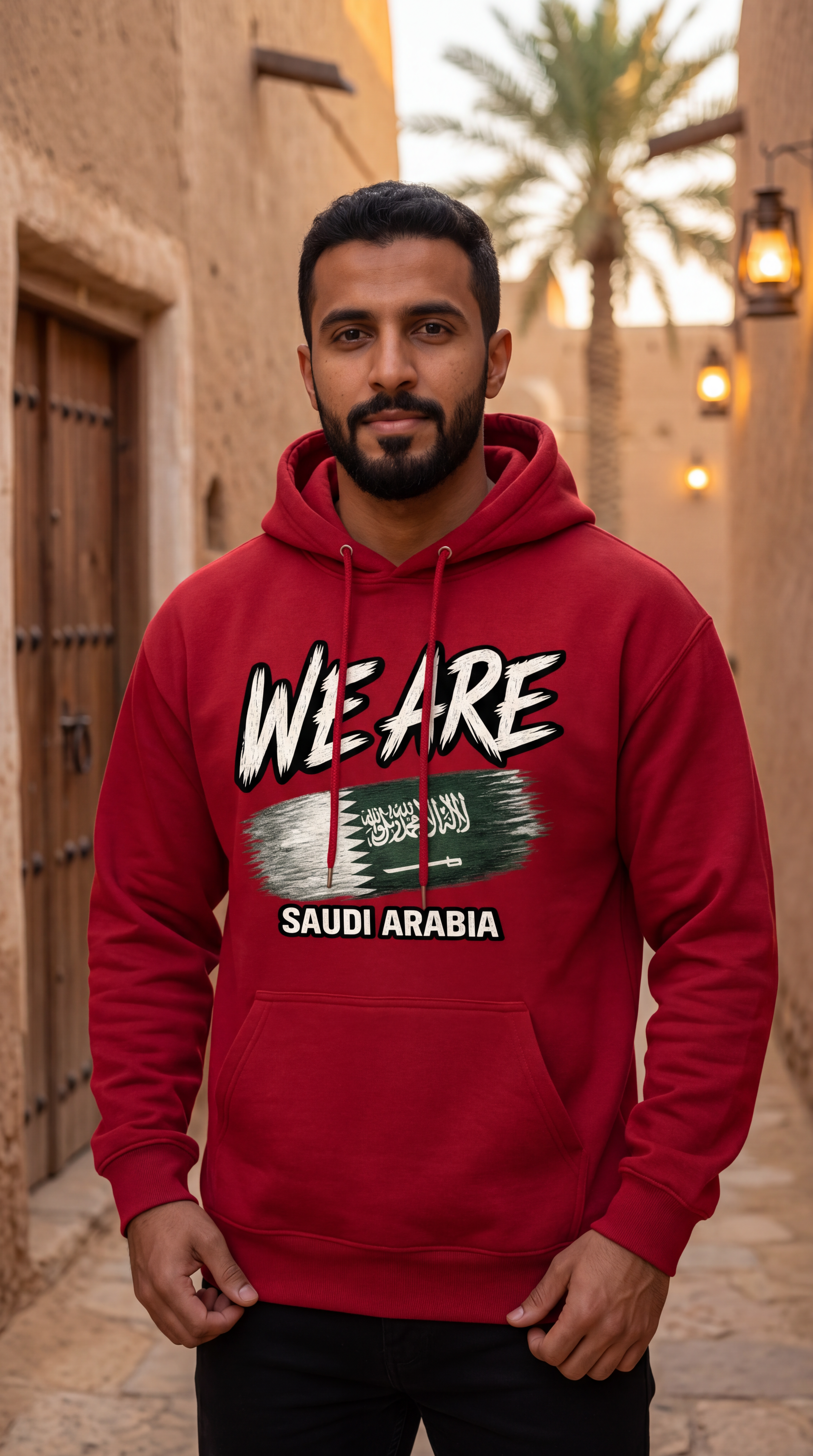 A man wearing a red hoodie with a graphic print that reads 'WE ARE SAUDI ARABIA' stands in an outdoor alley with beige buildings and palm trees in the background.