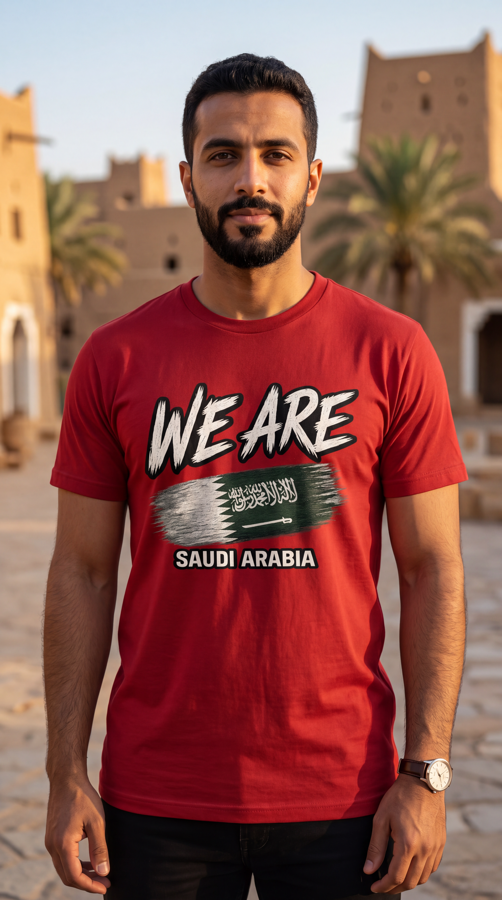 A man wearing a red graphic t-shirt with 'WE ARE SAUDI ARABIA' and a flag design, standing outdoors in front of a desert castle and palm trees.