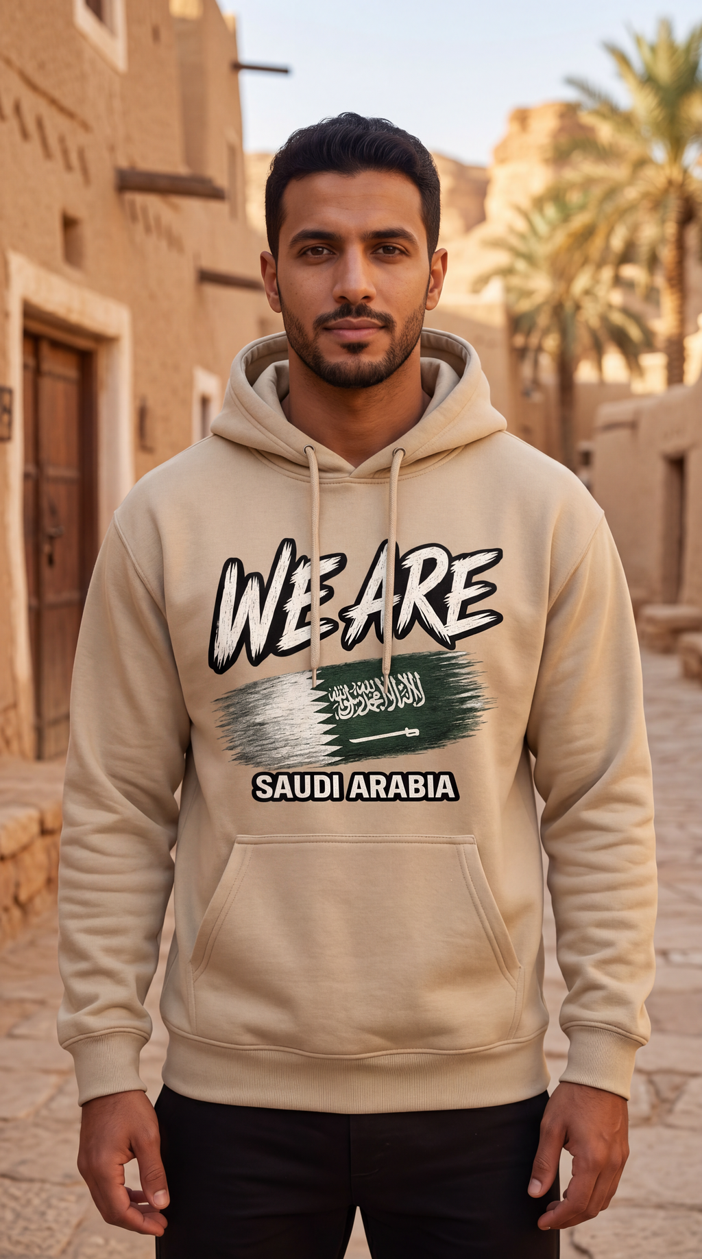 A man wearing a beige hoodie with a graphic print that reads 'WE ARE SAUDI ARABIA' and includes the Saudi flag design, standing in a sunlit street with sandstone buildings and palm trees.