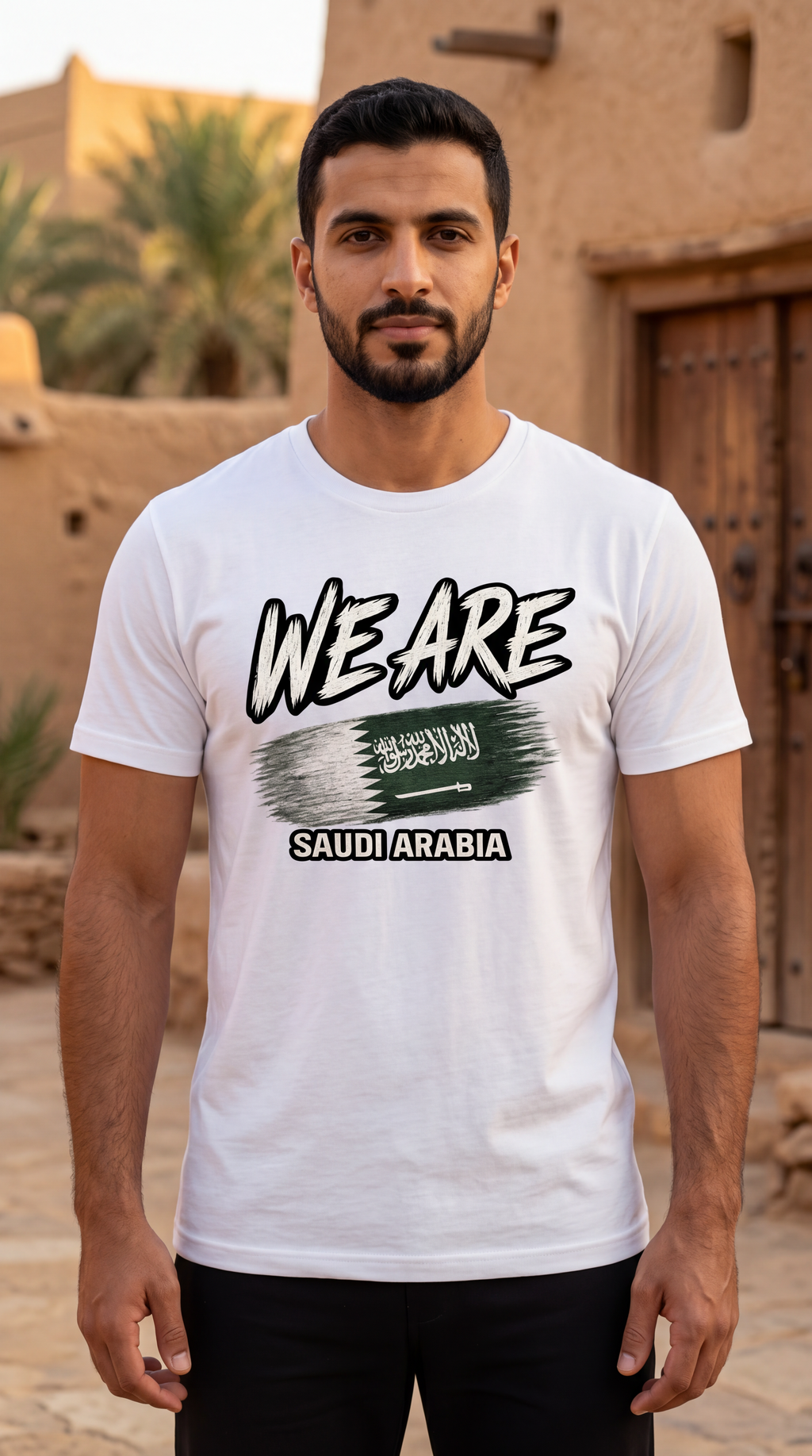 A man wearing a white graphic t-shirt with 'WE ARE SAUDI ARABIA' and the Saudi Arabian flag design printed on the front, set against a desert background with traditional buildings.
