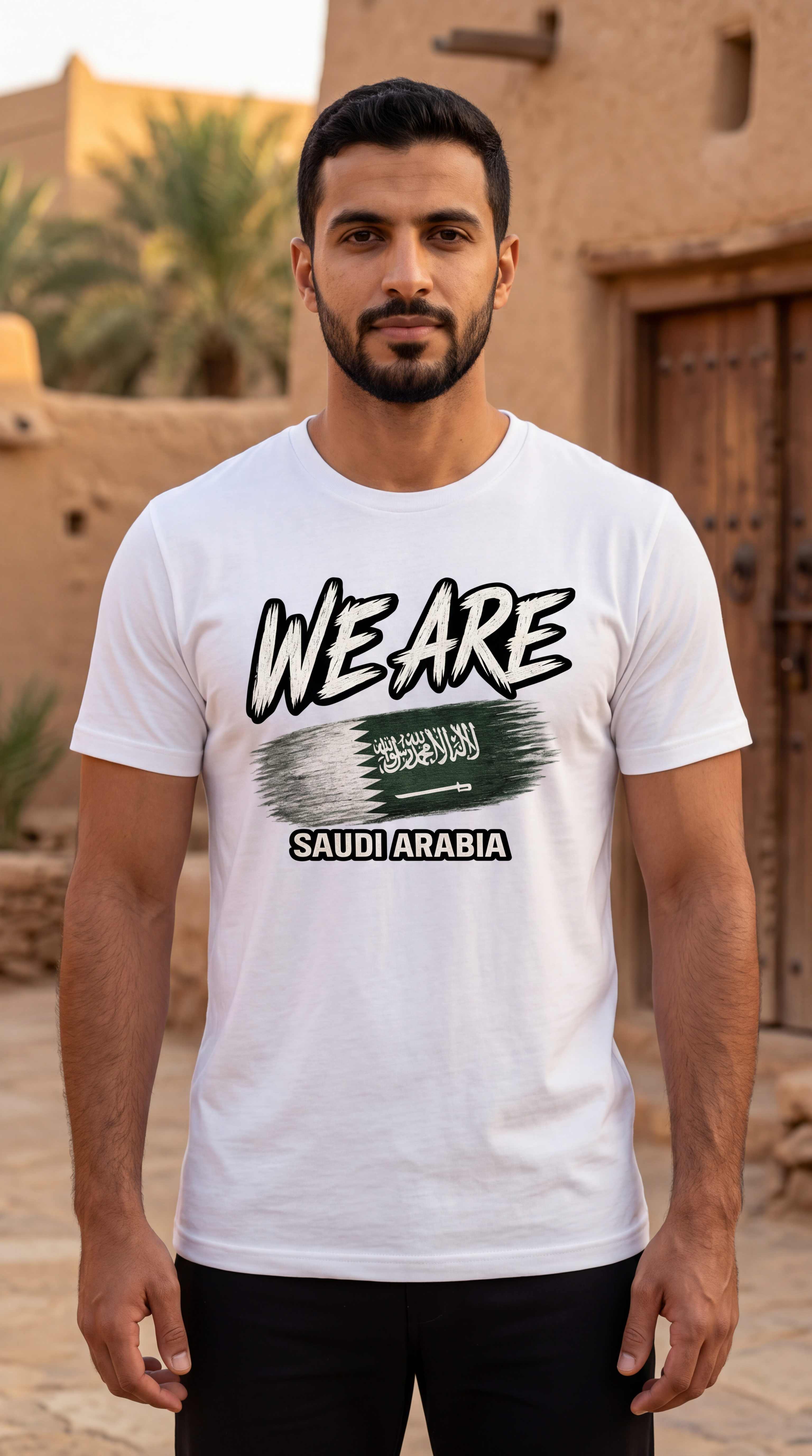 A man wearing a white graphic t-shirt with 'WE ARE SAUDI ARABIA' and the Saudi Arabian flag design printed on the front, set against a desert background with traditional buildings.
