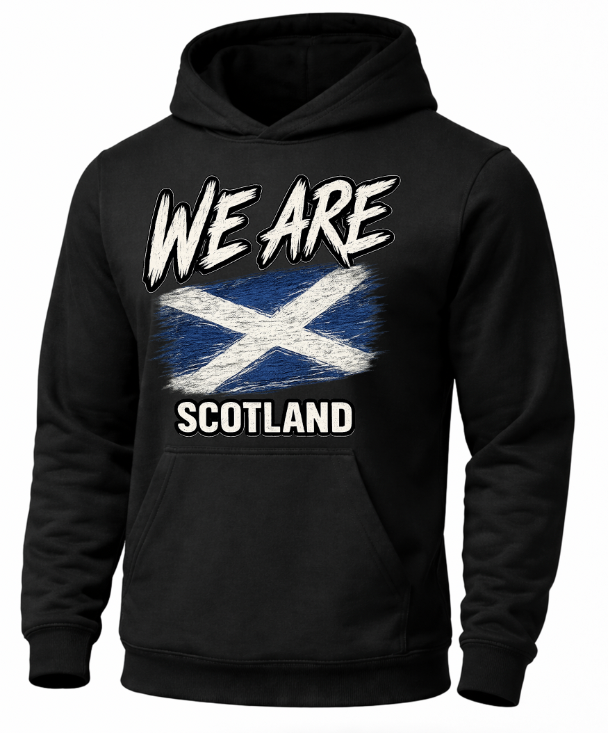 A black pullover hoodie featuring a distressed graphic print on the front with the text 'WE ARE SCOTLAND' and the Scottish flag.