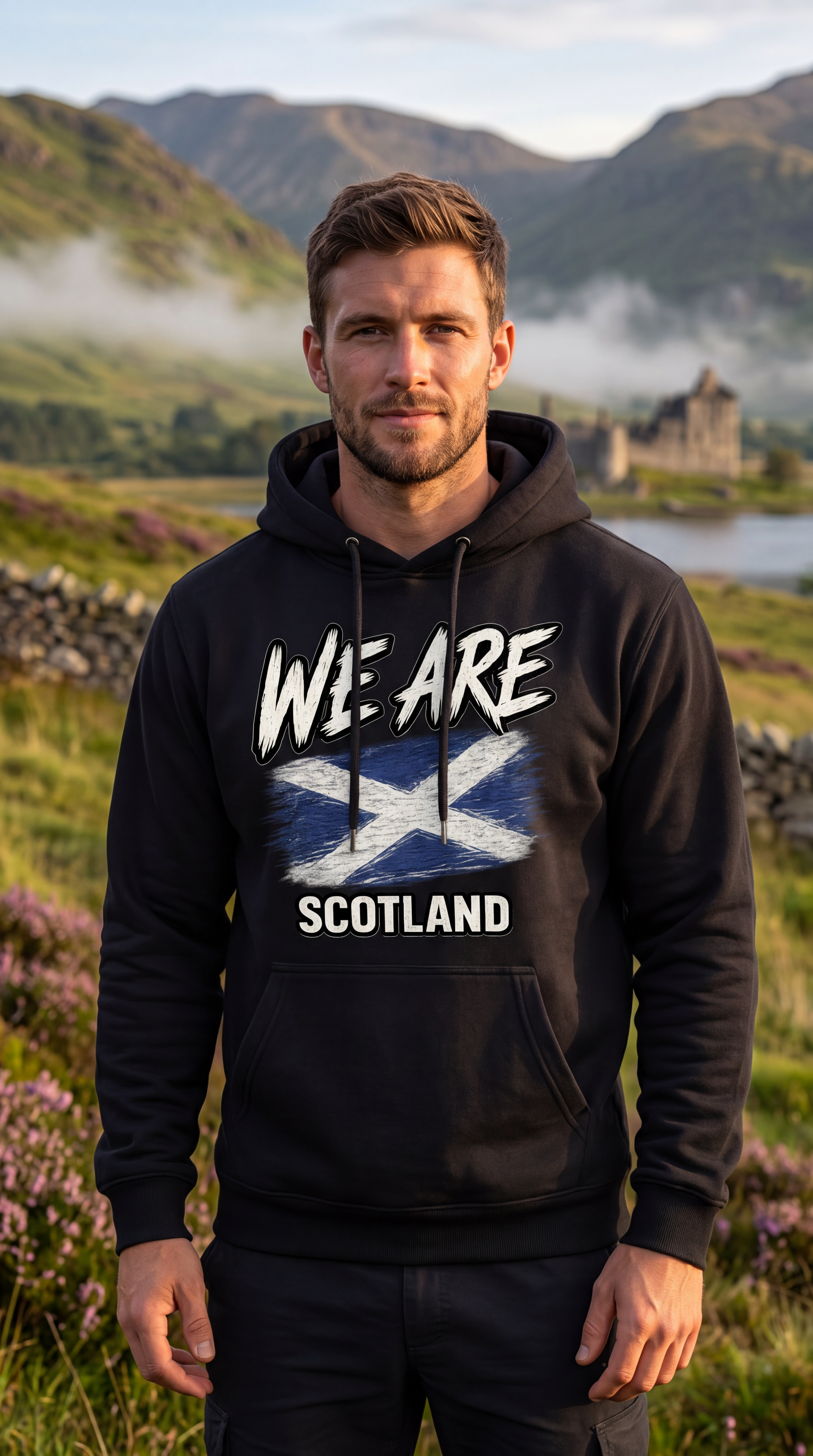 A man wearing a black hoodie with a 'WE ARE SCOTLAND' graphic featuring the Scottish flag, standing in a scenic outdoor landscape with mountains and a castle in the background.