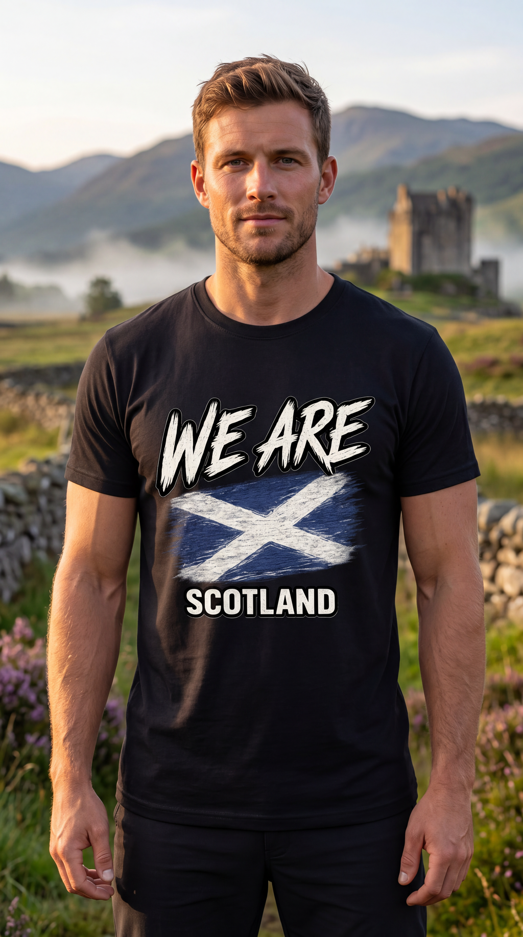 A man wearing a black graphic t-shirt with 'WE ARE SCOTLAND' and a distressed Scottish flag design, standing outdoors in a scenic landscape with mountains and a castle in the background.