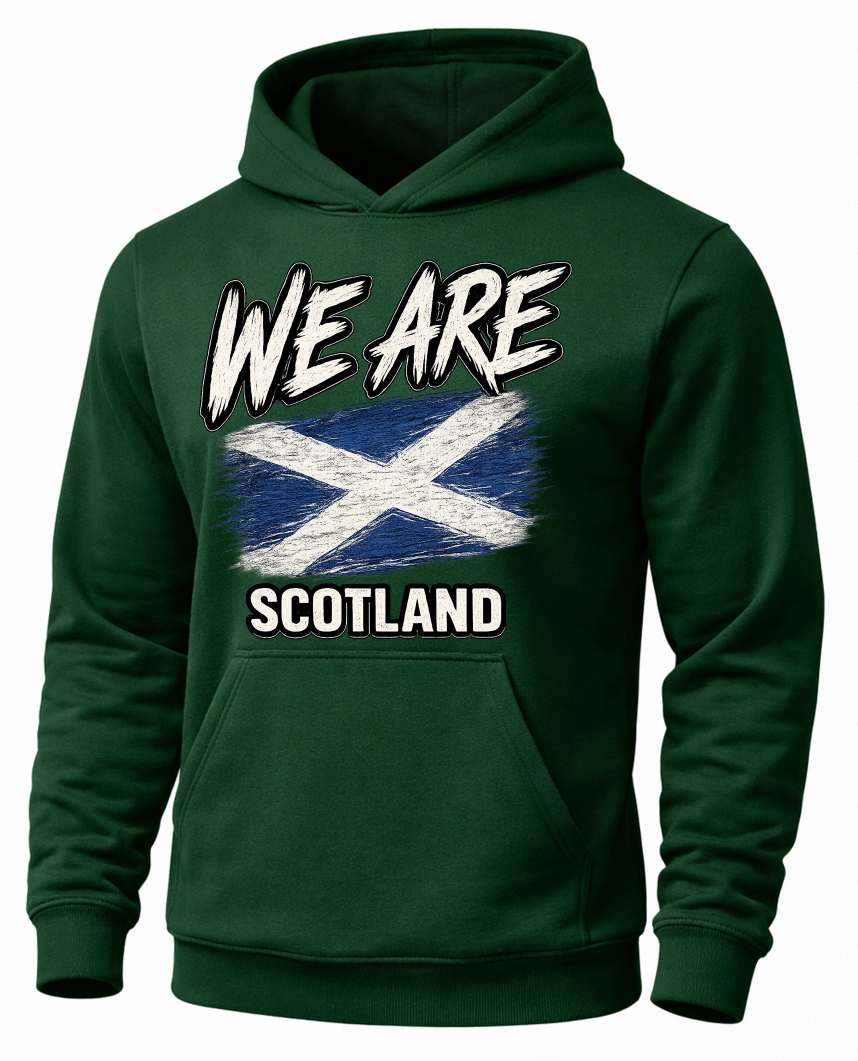 A dark green pullover hoodie featuring a distressed graphic print of the Scottish flag with the text 'WE ARE SCOTLAND' in white and blue.